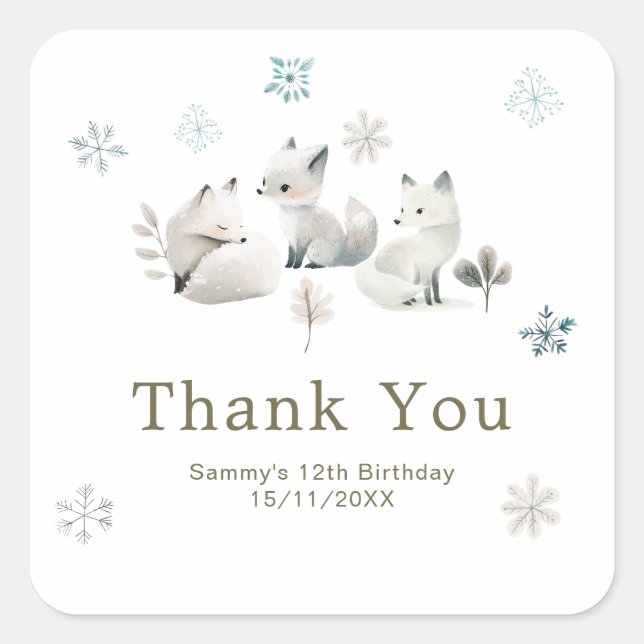 Cute Winter Arctic Wolf Birthday Party Square Sticker (Front)