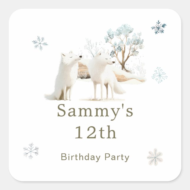 Cute Winter Arctic Wolf Birthday Party Square Sticker (Front)