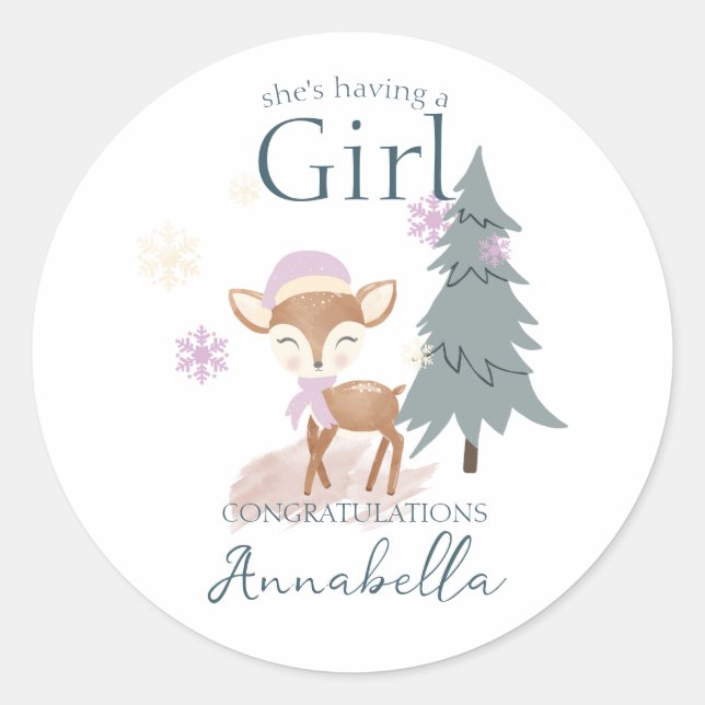 Cute Winter Baby Deer Female Fawn Classic Round Sticker (Front)