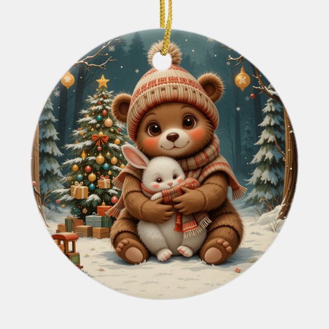 🎄 Cute Winter Bear Glow ❄️ Bunny & Christmas Tree Ceramic Ornament (Front)
