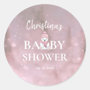 Cute Winter Bear Pink Baby Shower Classic Round Sticker