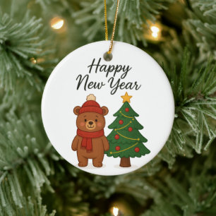 Cute Winter Bear with ChristmasTree Happy New Year Ceramic Ornament