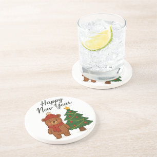 Cute Winter Bear with ChristmasTree Happy New Year Coaster