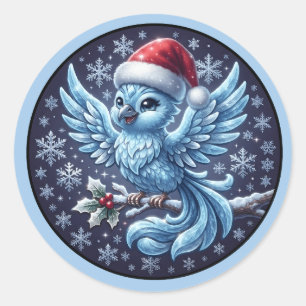 Cute Winter Blue Bird Christmas Santa Hat Ornament Classic Round Sticker