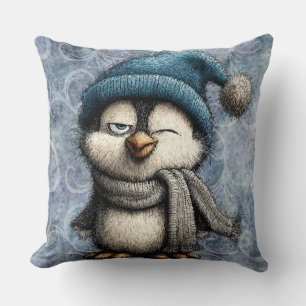 Cute Winter Blue Penguin With Hat And Scarf Cushion