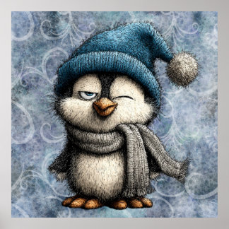 Cute Winter Blue Penguin With Hat And Scarf Poster