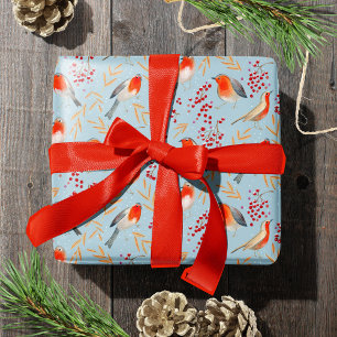 Cute winter blue & red robin birds and berries wrapping paper