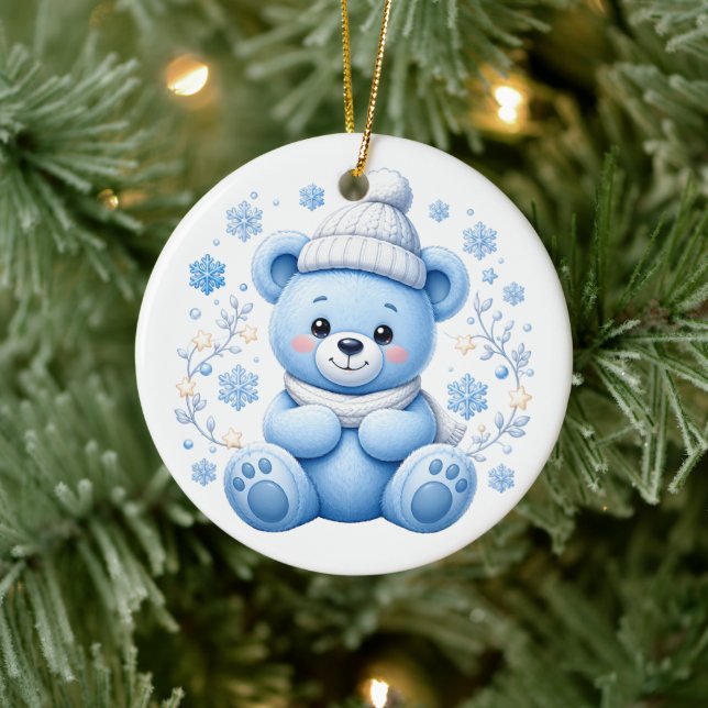 Cute Winter Blue Teddy Bear Ceramic Ornament (Tree)