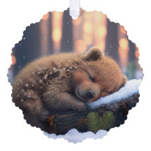 Cute Winter Brown Bear Sleeping On a Log