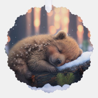 Cute Winter Brown Bear Sleeping On a Log Tree Decoration Card