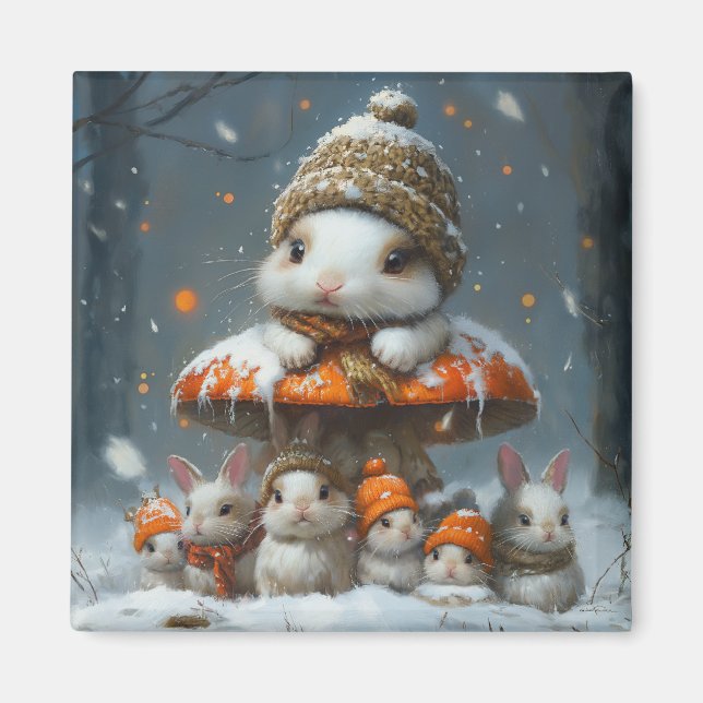 Cute Winter Bunnies with Mushroom Fridge Magnet (Front)