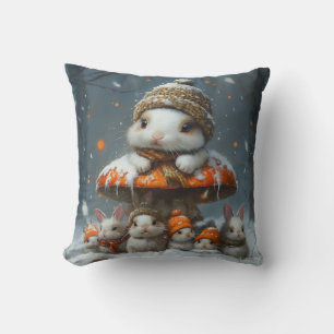 Cute Winter Bunnies with Mushroom Throw Toss Pillo Cushion