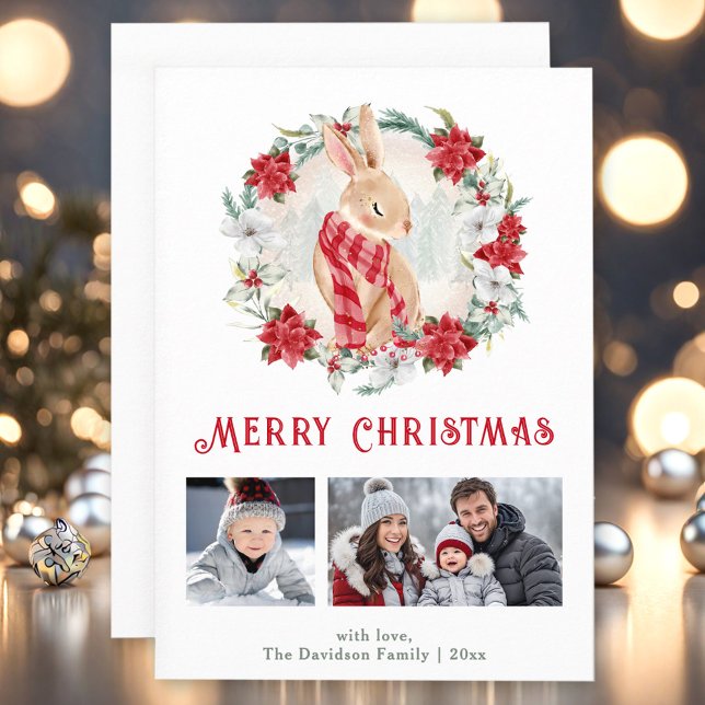 Cute Winter Bunny Poinsettia Christmas Photo Card (Cute Winter Bunny Poinsettia Christmas Photo Card)