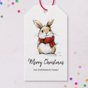 Cute Winter Bunny Sketch Merry Christmas Gift Tags