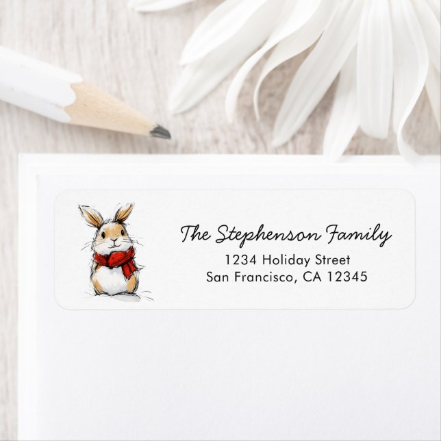 Cute Winter Bunny Sketch Return Address Label (Insitu)