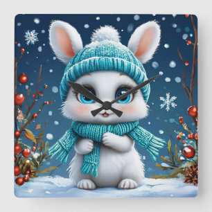 ❄️ Cute Winter Bunny Snowy Room Decor Gift 🐰 Square Wall Clock