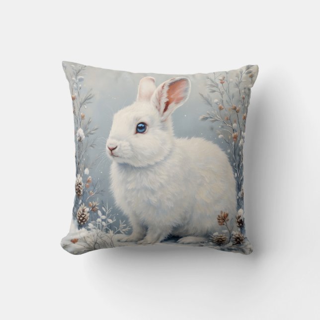 Cute Winter Bunny – White Rabbit with Blue Eyes Cushion (Front)