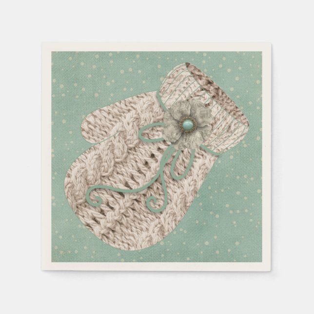 Cute winter cable knit mitten vintage snow napkin (Front)