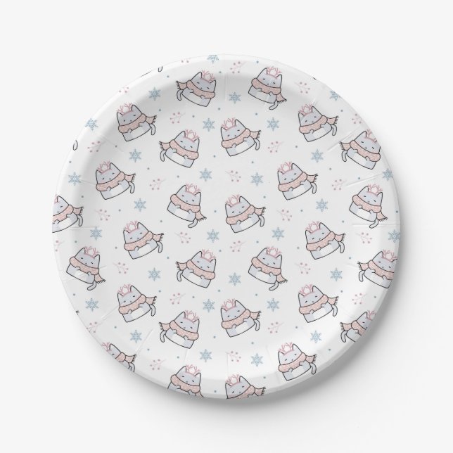 Cute Winter Cat Pattern with Scarves and Snowflake Paper Plate (Front)