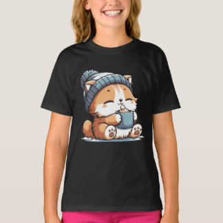 Cute Winter Cat with Beanie Cosy Kawaii Animal  T-Shirt