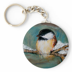 Cute Winter Chickadee Song Bird Painting Key Ring