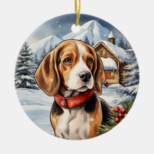 Cute Winter Christmas Beagle Ceramic Ornament