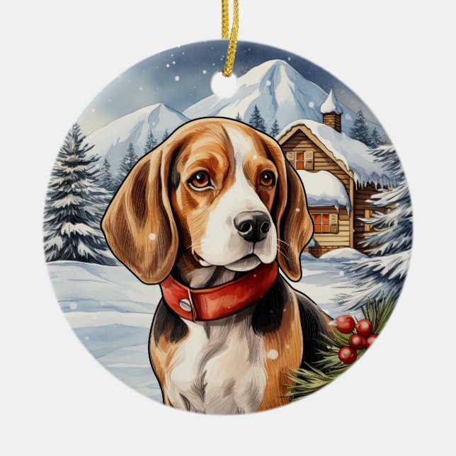 Cute Winter Christmas Beagle Ceramic Ornament (Front)