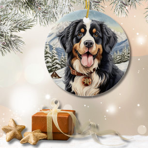 Cute Winter Christmas Bernese Mountain Ceramic Ornament