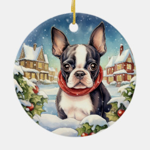 Cute Winter Christmas Boston Terrier Ceramic Ornament