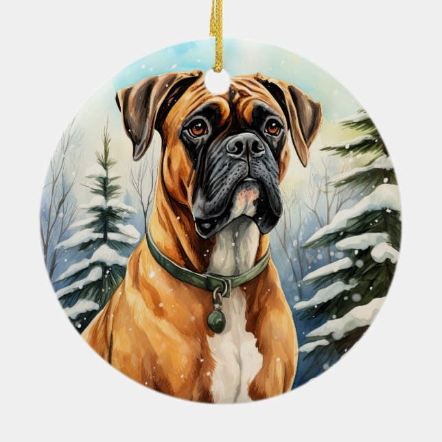 Cute Winter Christmas Boxer Ceramic Ornament (Back)