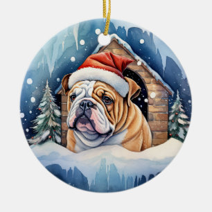 Cute Winter Christmas Bulldog Ceramic Ornament