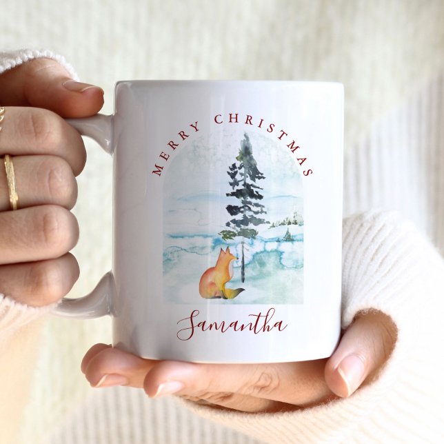 Cute Winter Christmas Coffee Mugs (Christmas coffee mugs feature a watercolor winter scene with fox. Personalized with your name)