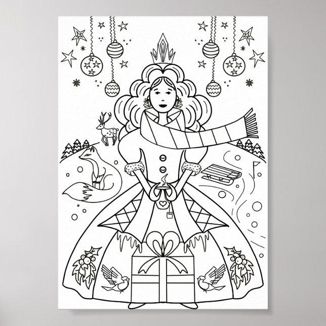 Cute Winter Christmas Colouring Page Poster (Front)