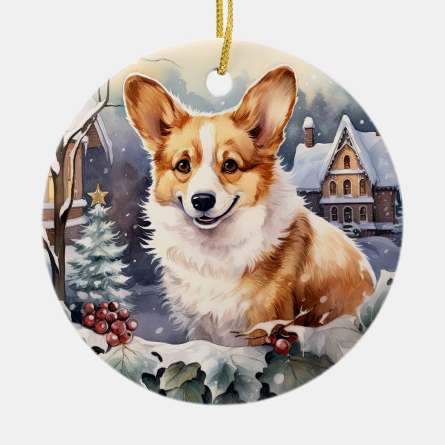Cute Winter Christmas corgi  Ceramic Ornament (Front)