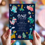 Cute Winter Christmas Dino 1st Birthday Party Invitation<br><div class="desc">Celebrate your child's 1st birthday with our Christmas Winter Dino first birthday Party invites! This cute birthday party design features a frame of colourful dinosaurs, dressed in hats and scarfs bearing gifts and your custom party details in modern typography against a navy blue background. Simply personalise the birthday party invites...</div>