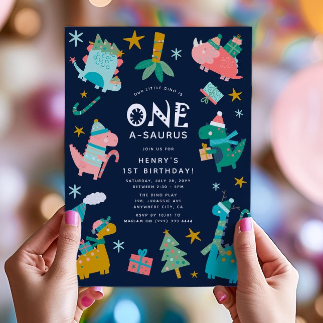 Cute Winter Christmas Dino 1st Birthday Party Invitation (Creator Uploaded)