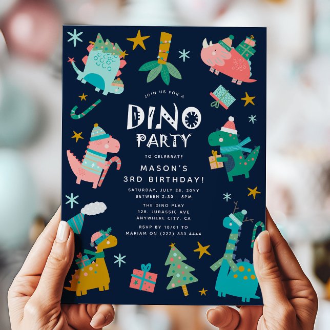 Cute Winter Christmas Dino Kids Birthday Party Invitation (Creator Uploaded)