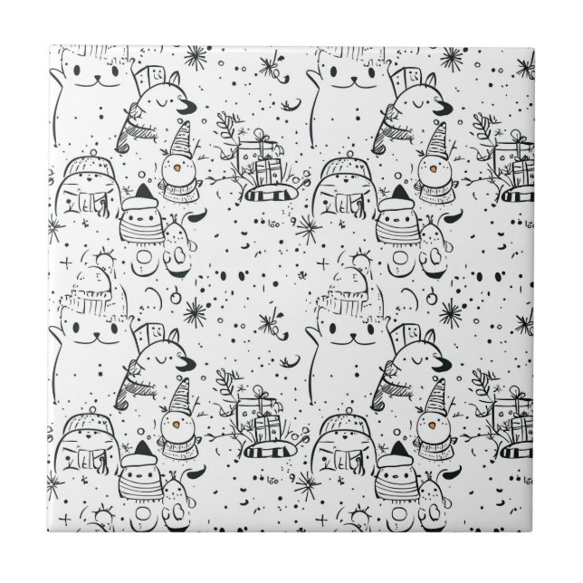 Cute Winter Christmas Doodle Pattern (4) Ceramic Tile (Front)