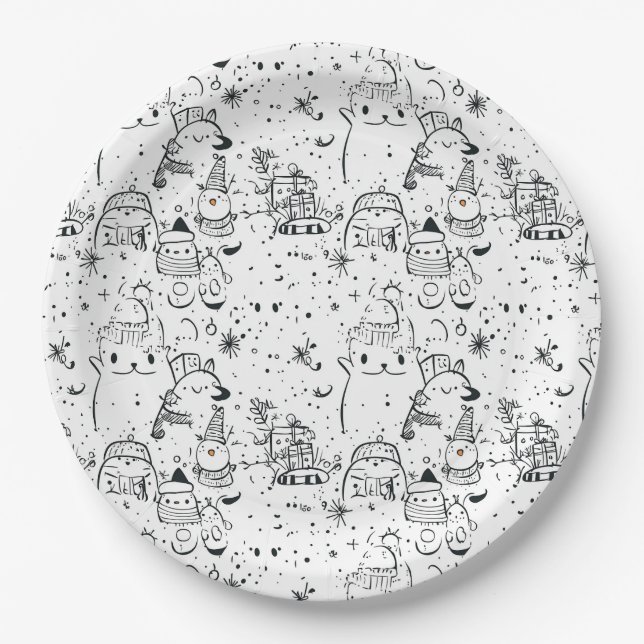Cute Winter Christmas Doodle Pattern (4) Paper Plate (Front)