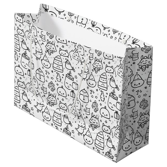 Cute Winter Christmas Doodle Pattern (6) Large Gift Bag (Front Angled)