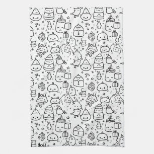 Cute Winter Christmas Doodle Pattern (6) Tea Towel