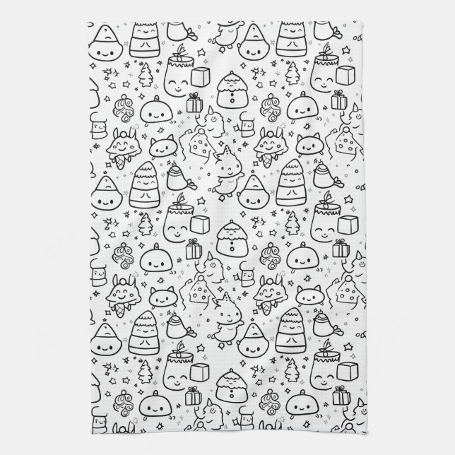Cute Winter Christmas Doodle Pattern (6) Tea Towel (Vertical)