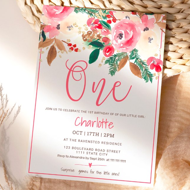 Cute winter Christmas floral Watercolor photo One Invitation (Creator Uploaded)