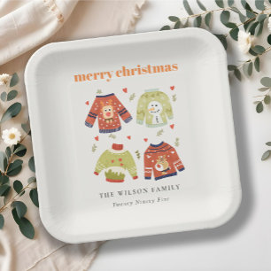Cute Winter Christmas Hearts Leafy Ugly Sweater  Paper Plate