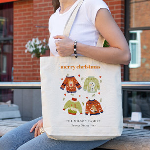 Cute Winter Christmas Hearts Leafy Ugly Sweater Tote Bag