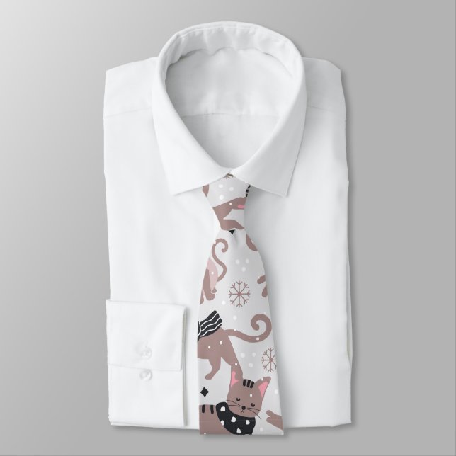 Cute Winter Christmas Kitty Cat Pattern Tie (Tied)