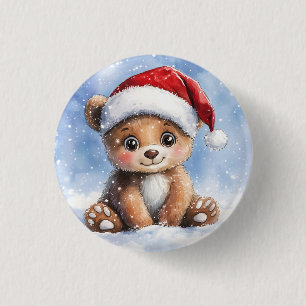 Cute Winter Christmas Santa Bear Cub Watercolor 3 Cm Round Badge
