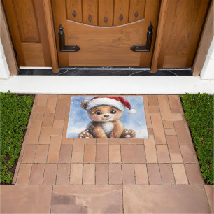 Cute Winter Christmas Santa Bear Cub Watercolor Doormat