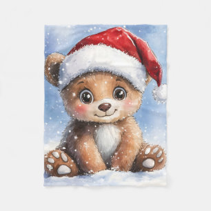 Cute Winter Christmas Santa Bear Cub Watercolor Fleece Blanket
