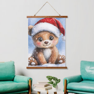 Cute Winter Christmas Santa Bear Cub Watercolor Hanging Tapestry